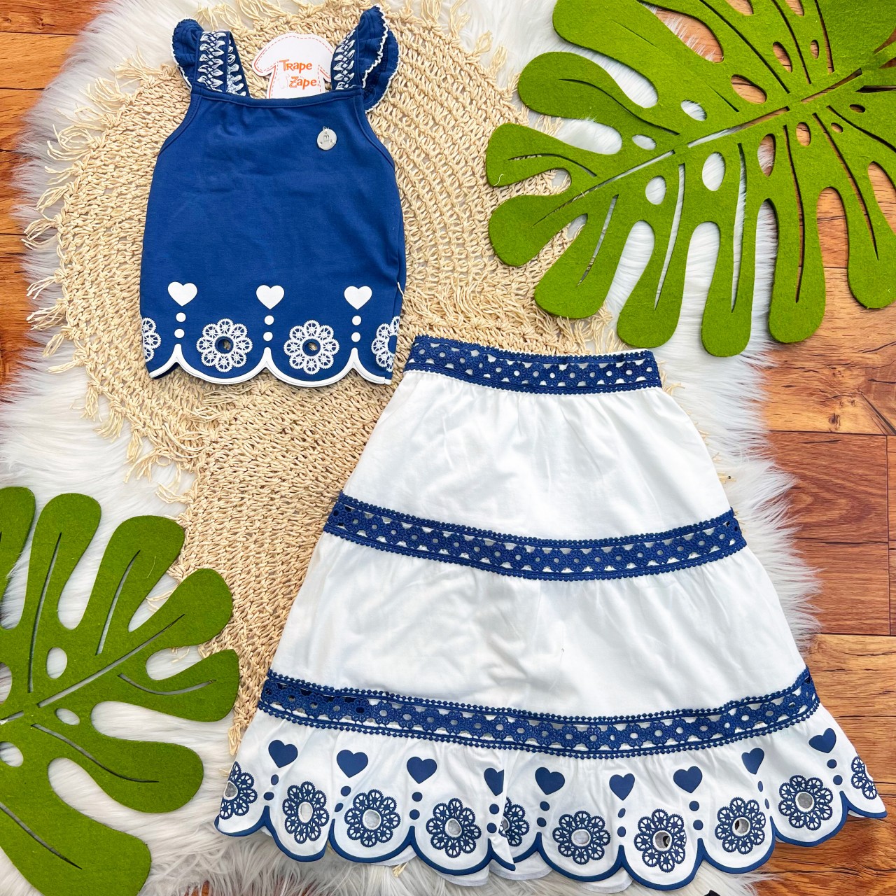 Conj. Regata e Saia Midi com Flores em Lese - Azul